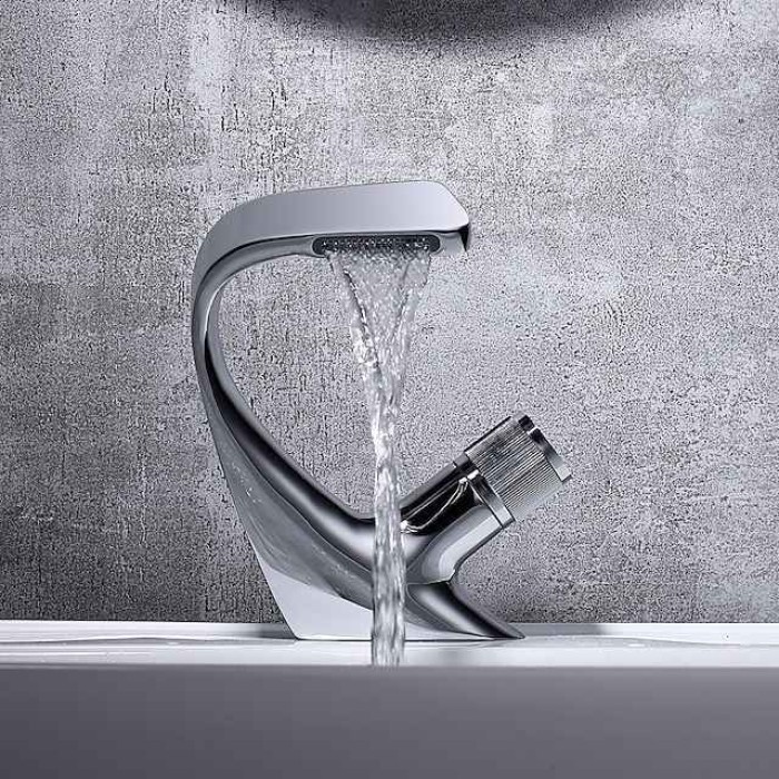 Bathroom Sink Faucet, Brass Waterfall Mixer Basin Taps Chrome Finish Single Handle One Hole Bath Tap with Hot and Cold Hose