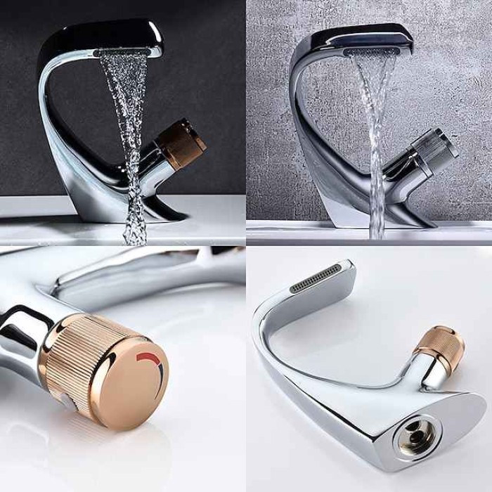 Bathroom Sink Faucet, Brass Waterfall Mixer Basin Taps Chrome Finish Single Handle One Hole Bath Tap with Hot and Cold Hose