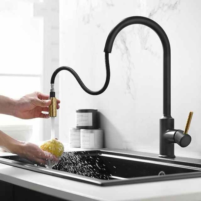 Kitchen Sink Mixer Faucet Pull Out, 360 swivel Single Lever Handle Brushed Solid Brass Taps Cold Hot Hose, One Hole with Pull Down Sprayer Black Gold Faucets