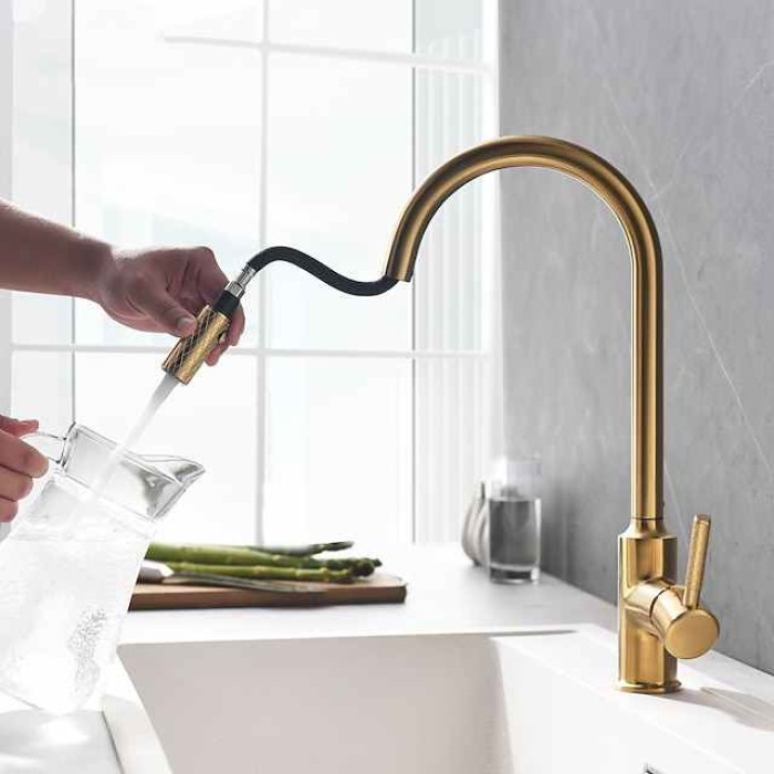 Kitchen Sink Mixer Faucet Pull Out, 360 swivel Single Lever Handle Brushed Solid Brass Taps Cold Hot Hose, One Hole with Pull Down Sprayer Black Gold Faucets