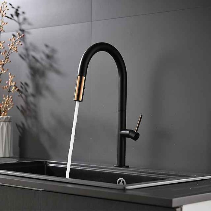 Kitchen Faucet,Rotatable Pull-out/­Pull-down Brass High Arc Nickel Brushed/Painted Finishes Single Handle One Hole Kitchen Taps with Hot and Cold Switch