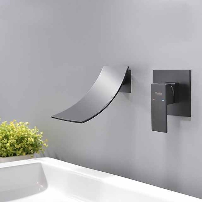 Wall Mount Bathroom Sink Mixer Faucet Matte Black, Concealed Washroom Basin Taps Waterfall Spout Single Handle 2 Hole,  Rough in Valve Mixer Bathtub Taps