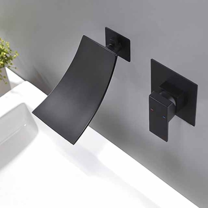 Wall Mount Bathroom Sink Mixer Faucet Matte Black, Concealed Washroom Basin Taps Waterfall Spout Single Handle 2 Hole,  Rough in Valve Mixer Bathtub Taps