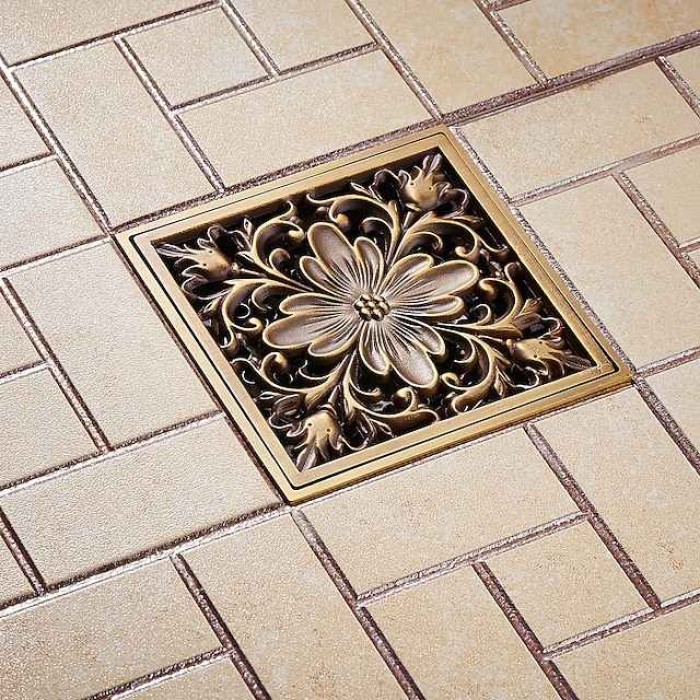 4 inch Shower Floor Drain Square Traditional 100 x 100mm, Antique Brass Removable Brass Bathroom Drain Sanitation Insert Grate, Hair Catcher Strainer