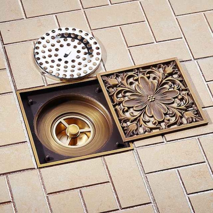 4 inch Shower Floor Drain Square Traditional 100 x 100mm, Antique Brass Removable Brass Bathroom Drain Sanitation Insert Grate, Hair Catcher Strainer