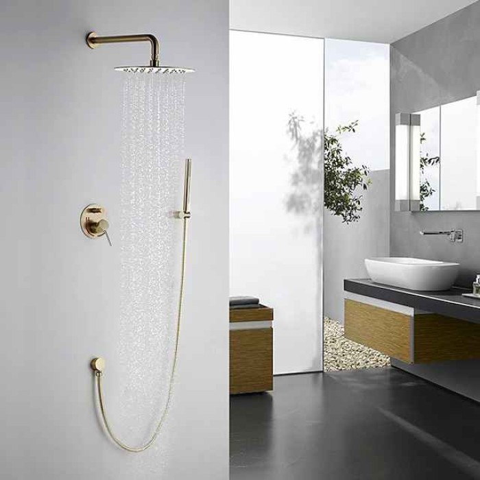 Round Golden Shower System Faucet Set Rainfall Shower Head 8 inch,  Rough In Valve and Trim Kit Combo Kit, High Pressure Heldhead Wall Mounted for Bath Bathroom