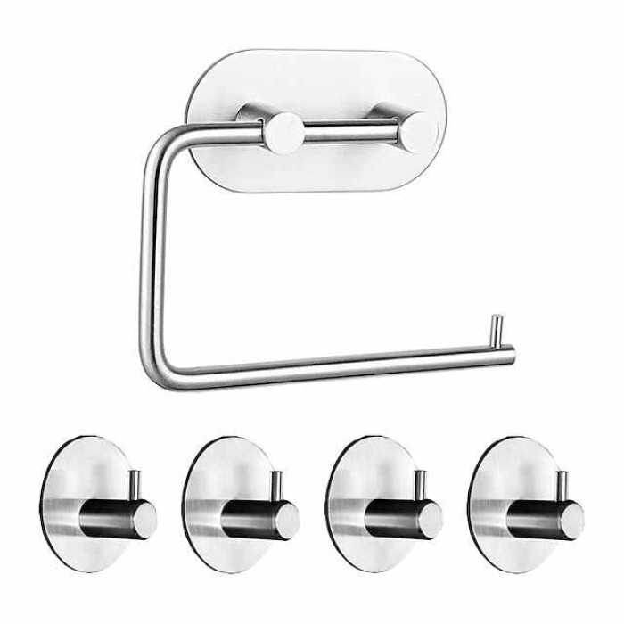 Self Adhesive Toilet Paper Holder and 4pcs Robe Hooks Stainless Steel Contemporary Bathroom Accessory Set Wall Mounted