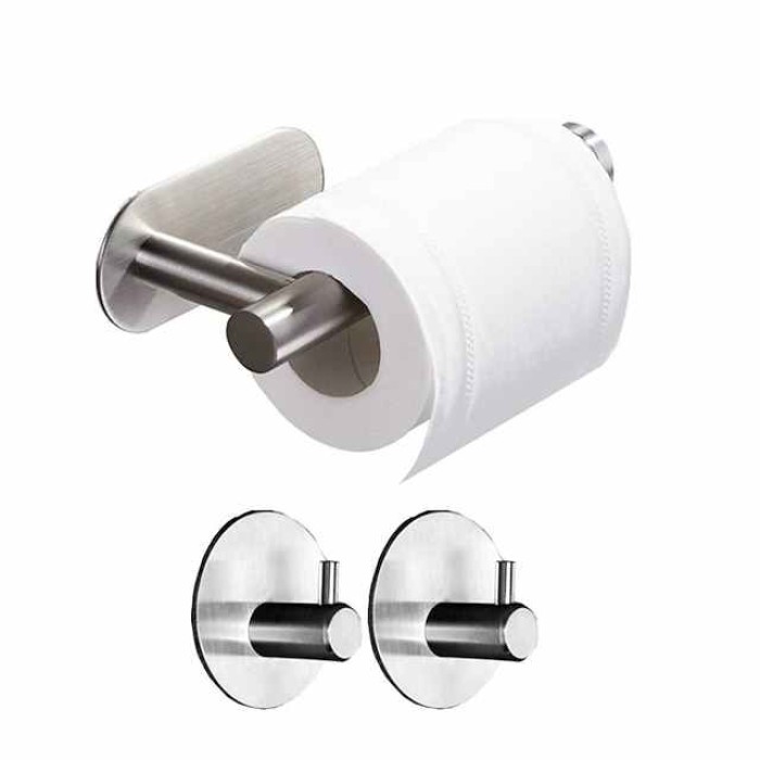 Toilet Paper Holder & 2Wall Hooks Sets Self Adhesive Wall Mount Stainless Steel Bathroom Accessories(Black/Golden/Silvery)