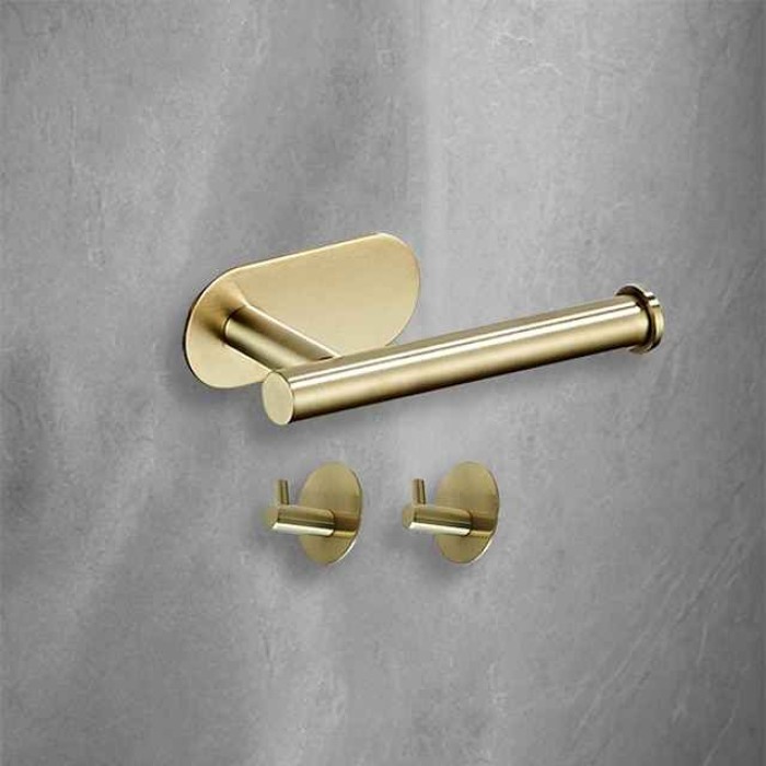 Toilet Paper Holder & 2Wall Hooks Sets Self Adhesive Wall Mount Stainless Steel Bathroom Accessories(Black/Golden/Silvery)