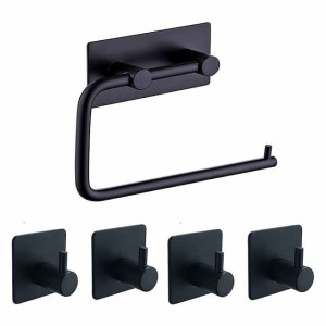 Bathroom Accessories Set Stainless Steel Include Multifunction Paper Holder and Robe Hooks 4pcs Punched-free Matte Black and Brushed Silvery with 3M Strong Viscosity Adhesive