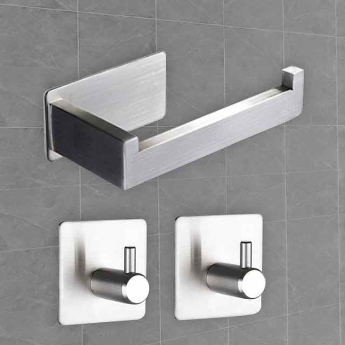 Toilet Paper Holder and 2 Wall Hooks Sets,No Drilling Self-Adhesive Toilet Roll Holder&Robe Hooks Stainless Steel Toilet Roll Holder Toilet Roll Holder Paper Holder for Kitchen and Bathroom Black