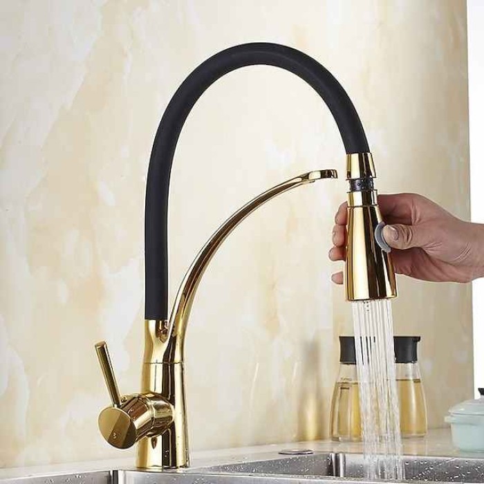 Single Handle Kitchen Faucet, Electroplated One Hole Pull Out/Centerset/Tall/­High Arc, Brass Kitchen Faucet