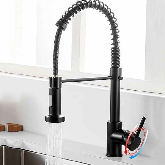 Kitchen Sink Mixer Faucet with Pull Down Sprayer, 360 swivel High Arc Single Handle Spring Kitchen Taps Deck Mounted, One Hole Brass Kitchen Sink Faucet Centerset Water Taps