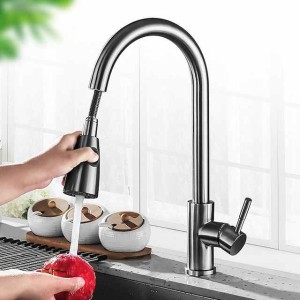 Kitchen Faucet with Pull-out Sprayer,Brushed Nickell Rotatable 304 Stainless Steel High Arc Single Handle One Hole Kitchen Taps