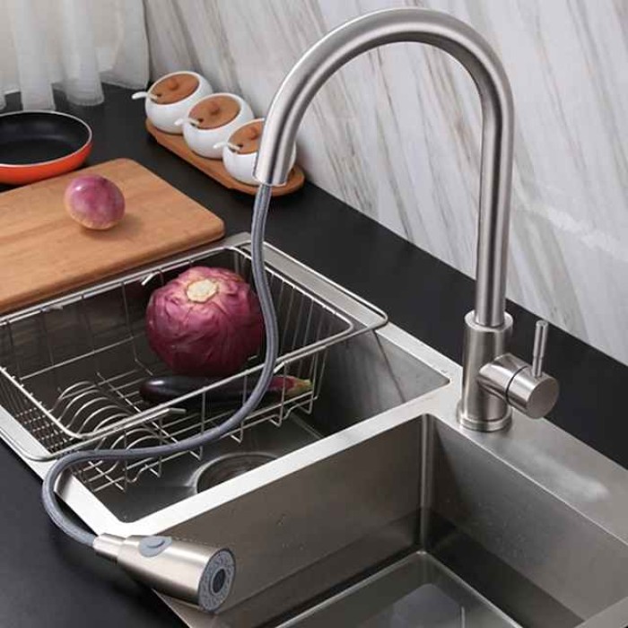 Kitchen Faucet with Pull-out Sprayer,Brushed Nickell Rotatable 304 Stainless Steel High Arc Single Handle One Hole Kitchen Taps