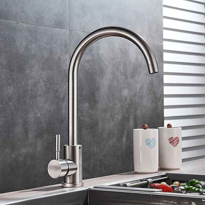 Stainless Steel Kitchen Sink Mixer Faucet, 360 Swivel Single Handle Kitchen Taps Deck Mounted, with Hot and Cold Water Hose Vessel Taps