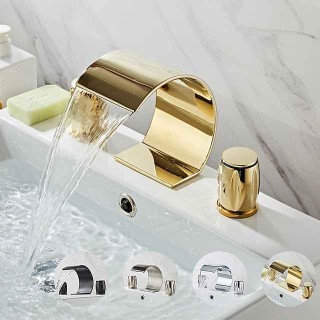 Widespread Bathroom Sink Mixer Faucet, Waterfall Arc Spout Brass 3 Hole 2 Handle Basin Tap Deck Mounted, Washroom Basin Vessel Water Tap with Hot and Cold Hose