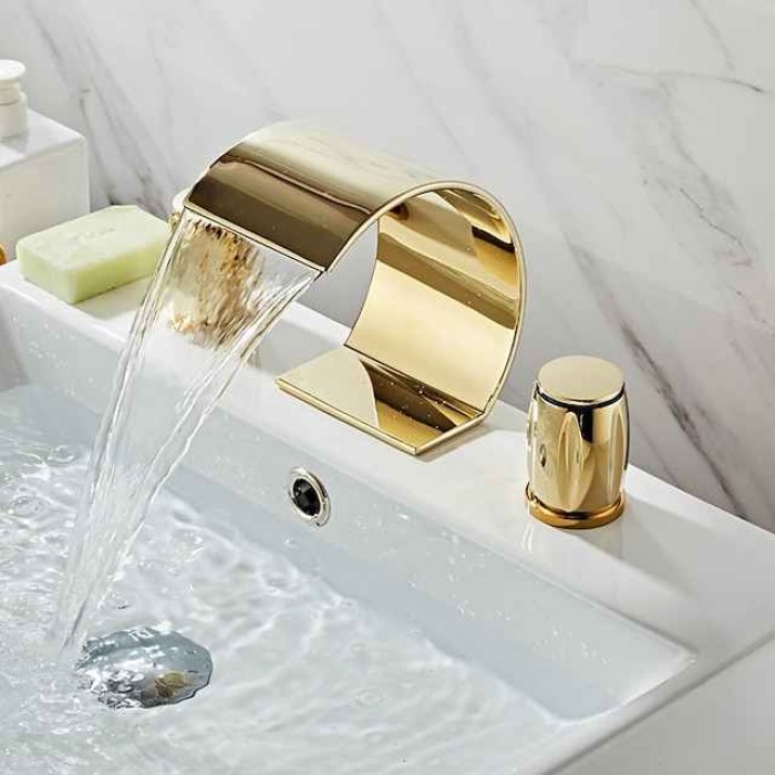 Widespread Bathroom Sink Mixer Faucet, Waterfall Arc Spout Brass 3 Hole 2 Handle Basin Tap Deck Mounted, Washroom Basin Vessel Water Tap with Hot and Cold Hose