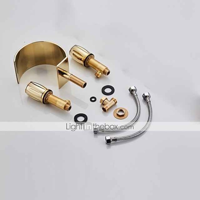 Widespread Bathroom Sink Mixer Faucet, Waterfall Arc Spout Brass 3 Hole 2 Handle Basin Tap Deck Mounted, Washroom Basin Vessel Water Tap with Hot and Cold Hose