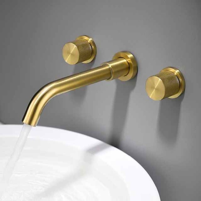 Bathroom Sink Faucet,Brass Wall Mounted Double Handles Nickel Brushed Luxury Design Brushed Gold Finish Widespread Washroom Faucet with Hot and Cold Switch