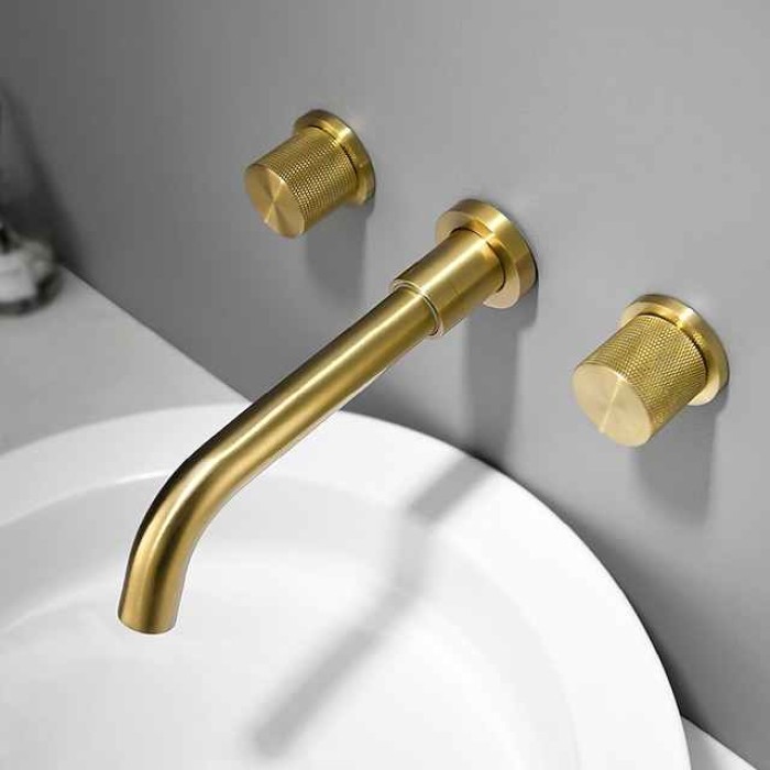 Bathroom Sink Faucet,Brass Wall Mounted Double Handles Nickel Brushed Luxury Design Brushed Gold Finish Widespread Washroom Faucet with Hot and Cold Switch