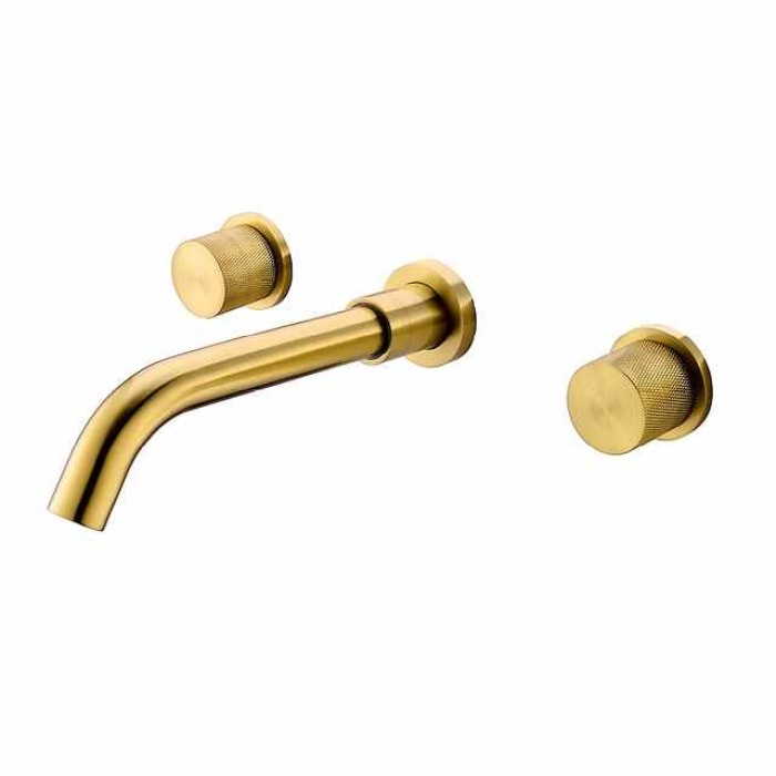 Bathroom Sink Faucet,Brass Wall Mounted Double Handles Nickel Brushed Luxury Design Brushed Gold Finish Widespread Washroom Faucet with Hot and Cold Switch