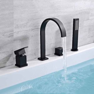 Bathtub Faucet Deck Mounted, Widespread Bathroom Faucet Bath Roman Tub Filler Mixer Tap Brass, 4 Hole 2 Handle Shower Sprayer with Cold Hot Water Hose