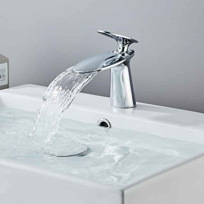 Bathroom Sink Faucet, Brass Waterfall Single Handle One Hole Modern Style Bath Taps with Hot and Cold Water