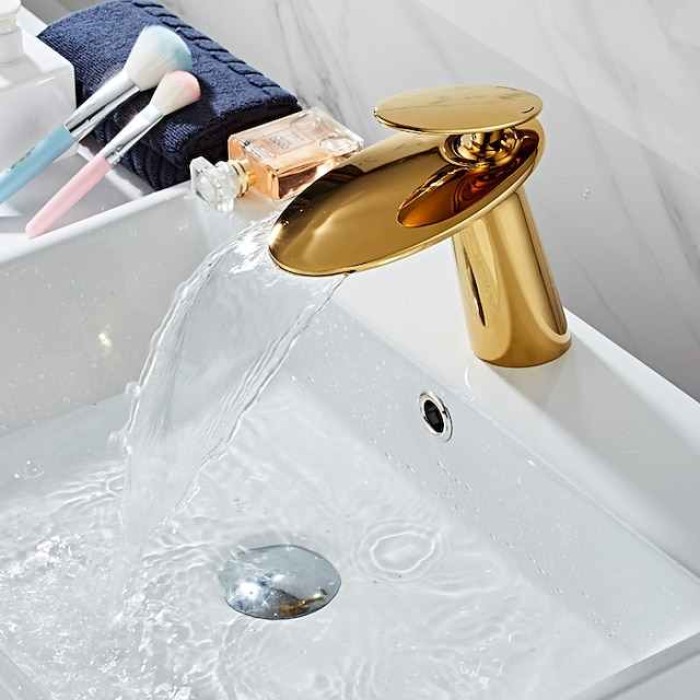 Bathroom Sink Faucet, Brass Waterfall Single Handle One Hole Modern Style Bath Taps with Hot and Cold Water