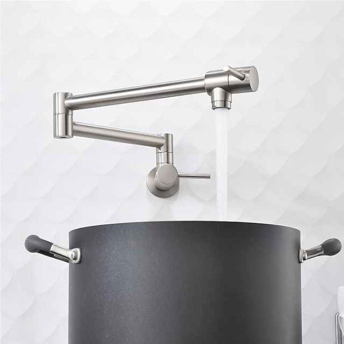 Pot Filler Kitchen Faucet Brushed Nickel, Foldable Sink Only Cold Water Taps, Wall Mount Brass Folding Fill Pot Kitchen Tap Double Joint Swing Arm Single Hole 2 Handle