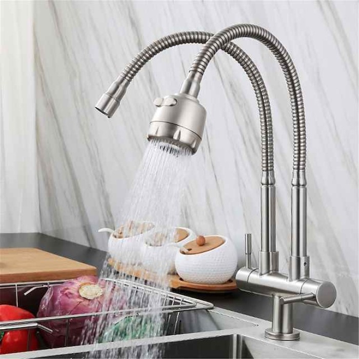 Kitchen Faucet,SUS304 Stainless Steel Brushed Nickel 2-modes Single Handle One Hole Standard Spout Contemporary Kitchen Taps