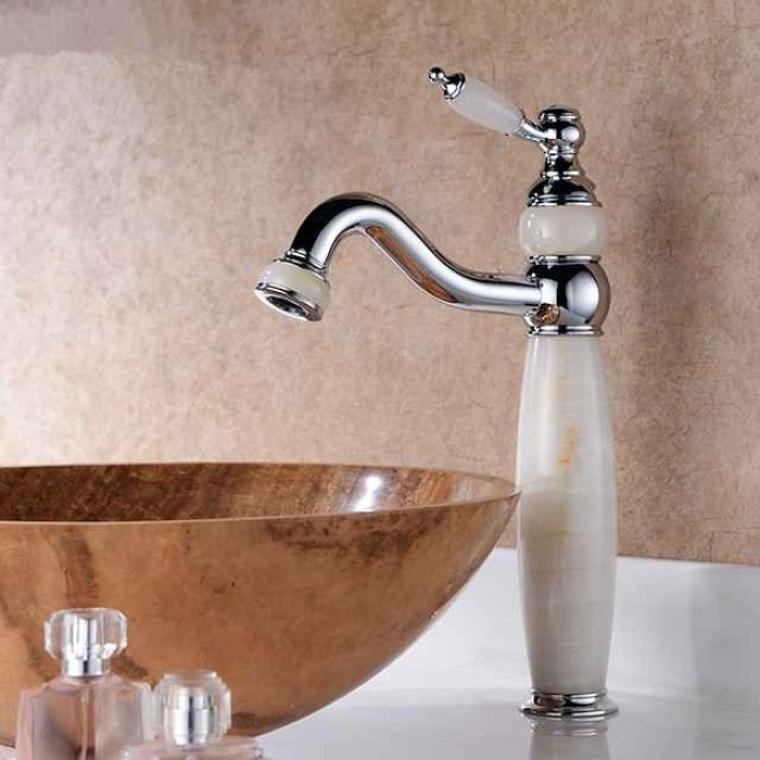 Bathroom Sink Faucet Ultra Faucets Euro Collection Gold with Stone Single Handle - One Hole Tall Body Deck Mount Lavatory Vessel Sink Faucet With Curved Spout