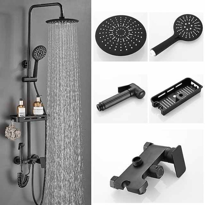 Shower System Faucet Combo Set with 8" Rain Showerhead, Multi-Function Hand Shower, Adjustable Slide Bar and Soap Dish Wall Mounted Ceramic Valve Bath Shower Mixer Taps