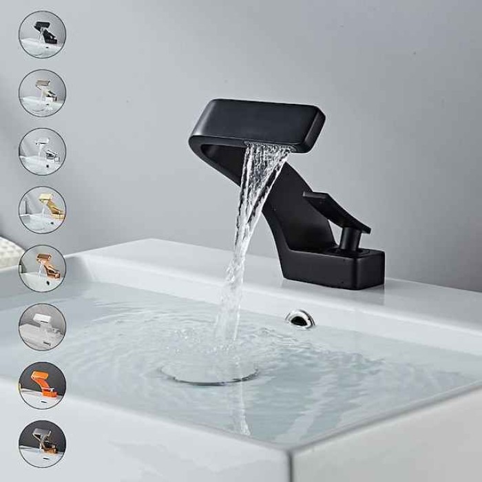 Bathroom Sink Faucet Single Handle One Hole Waterfall Mixer Basin Taps Brass, 7-shaped Bend Vessel Tap Chrome Brushed Nickel Black Gold