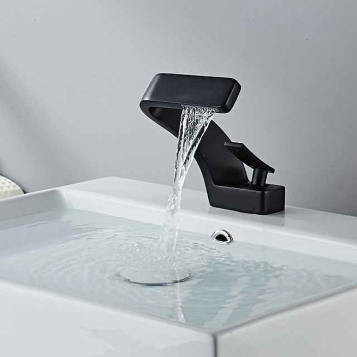 Bathroom Sink Faucet Single Handle One Hole Waterfall Mixer Basin Taps Brass, 7-shaped Bend Vessel Tap Chrome Brushed Nickel Black Gold