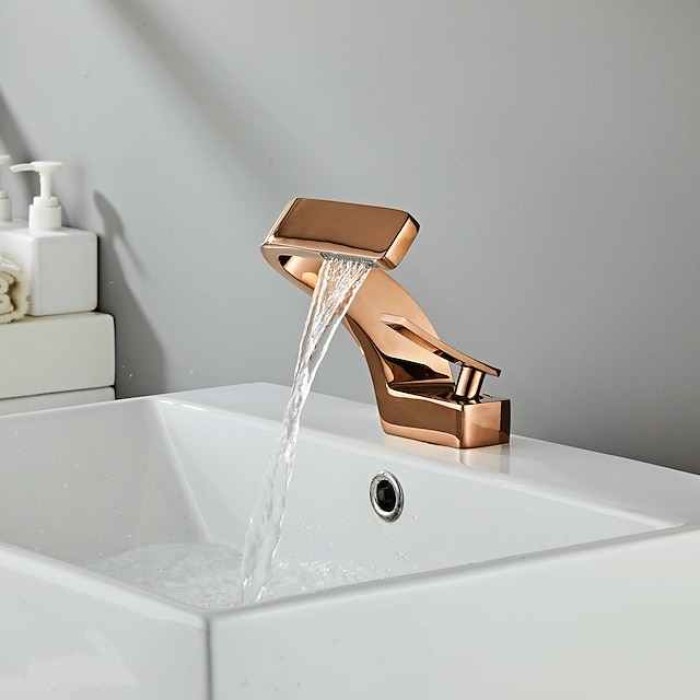 Bathroom Sink Faucet Single Handle One Hole Waterfall Mixer Basin Taps Brass, 7-shaped Bend Vessel Tap Chrome Brushed Nickel Black Gold