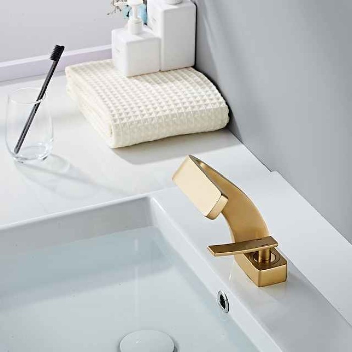 Bathroom Sink Faucet Single Handle One Hole Waterfall Mixer Basin Taps Brass, 7-shaped Bend Vessel Tap Chrome Brushed Nickel Black Gold