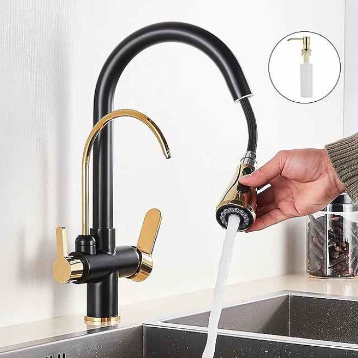 Kitchen Sink Mixer Faucet Pull Out Sprayer with Soap Dispenser, 360 swivel Black Single Handle Brass Taps Pull Down, Deck Mounted Hot Cold Water Hose Filter Tap