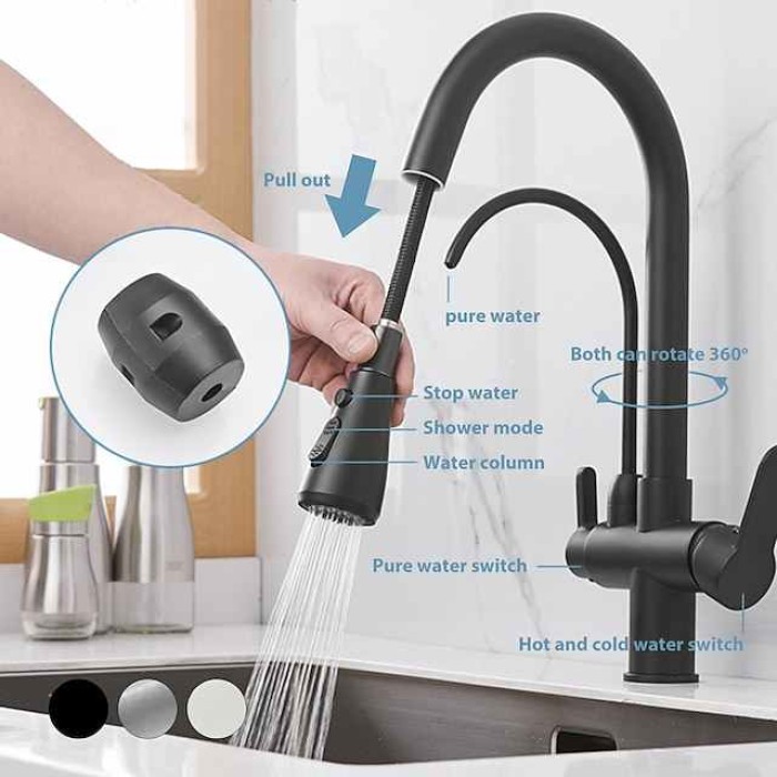 Kitchen Sink Mixer Faucet Pull Out Sprayer with Soap Dispenser, 360 swivel Black Single Handle Brass Taps Pull Down, Deck Mounted Hot Cold Water Hose Filter Tap