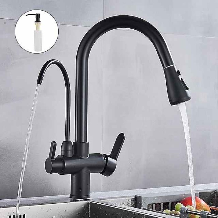 Kitchen Sink Mixer Faucet Pull Out Sprayer with Soap Dispenser, 360 swivel Black Single Handle Brass Taps Pull Down, Deck Mounted Hot Cold Water Hose Filter Tap