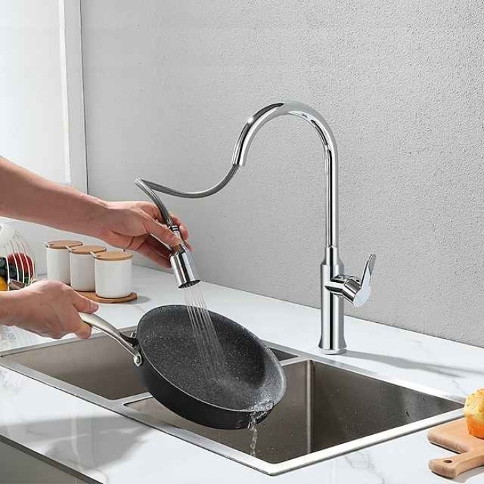 Kitchen Sink Mixer Faucet Tall with Pull Out Sprayer, 360 Swivel Single Handle High Arc Kitchen Taps Deck Mounted, One Hole Brass Kitchen Sink Faucet Water Vessel Taps