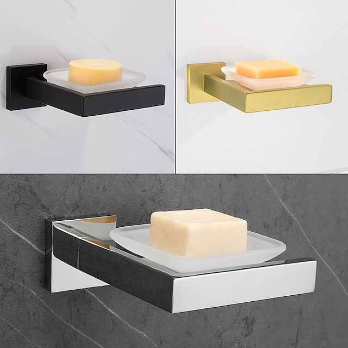 Soap Holder Stainless Steel and ABS with Glass Tray Wall Mounted Bathroom 1pc Painted Finishes, Chrome Electroplated and Brushed