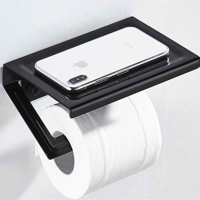 Black Toilet Paper Holder Space Aluminum Waterproof Tissue Box Punched Shelf Wall Mount Tissue Holder New Design