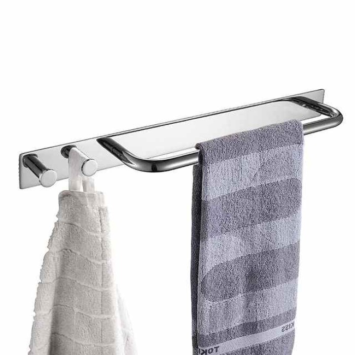 Bathroom Shelf with 2 Hooks Multifunctional Towel Bar Self-adhesive Wall Mounted Stainless Steel Silvery 1pc