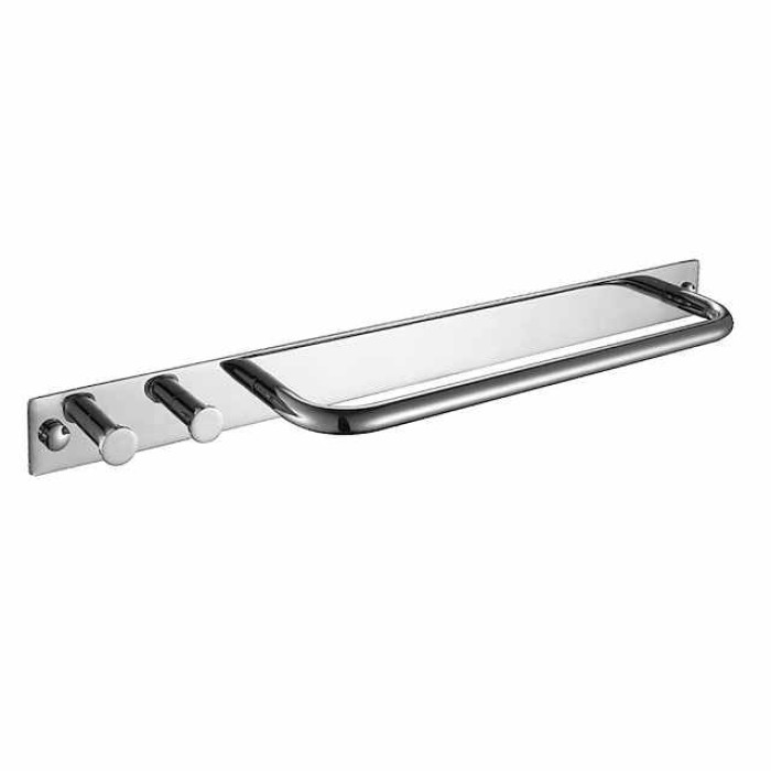 Bathroom Shelf with 2 Hooks Multifunctional Towel Bar Self-adhesive Wall Mounted Stainless Steel Silvery 1pc