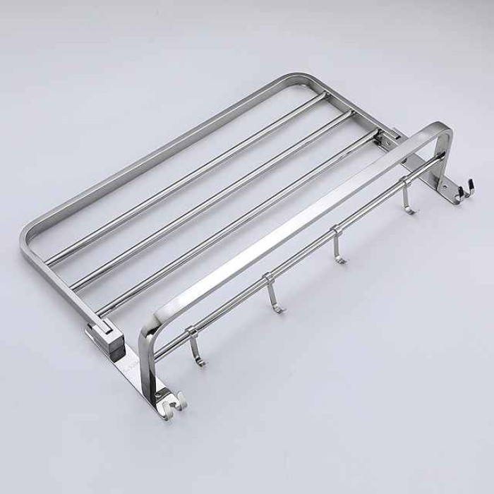 Multifunction Towel Rail Rack Holder Foldable Modern Stainless Steel Bathroom Shelf with Hooks Wall Mounted Silvery 1pc