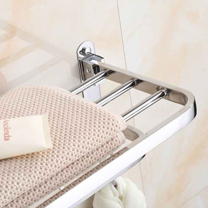 Multifunction Towel Rail Rack Holder Foldable Modern Stainless Steel Bathroom Shelf with Hooks Wall Mounted Silvery 1pc