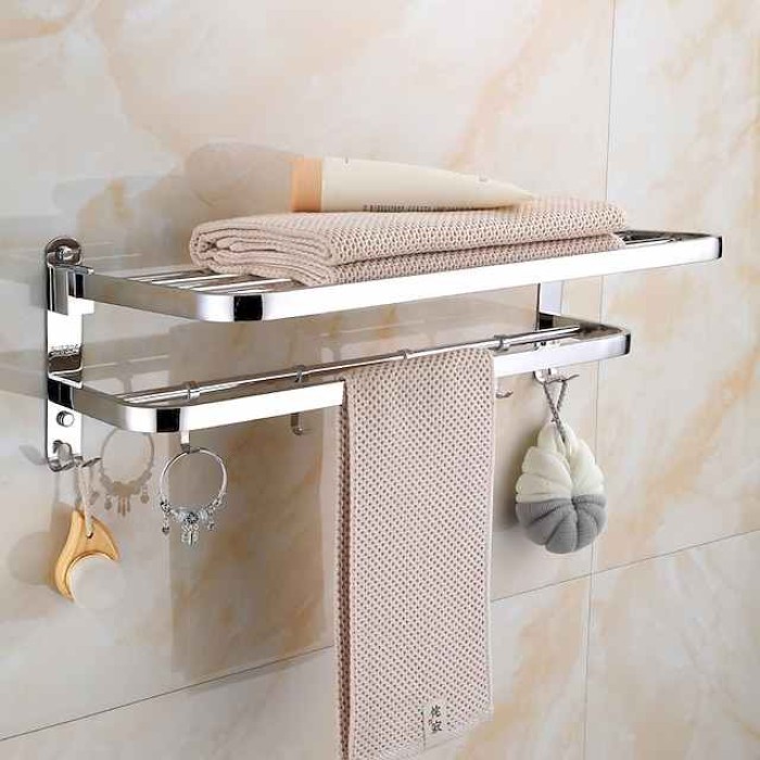 Multifunction Towel Rail Rack Holder Foldable Modern Stainless Steel Bathroom Shelf with Hooks Wall Mounted Silvery 1pc