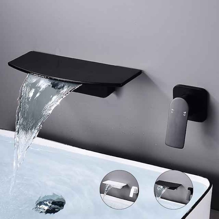 Wall Mount Bathroom Sink Mixer Faucet Brass, Waterfall Basin Taps Wall Mounted Single Handle One Hole Tap with Hot and Cold Hose Black White Electroplated