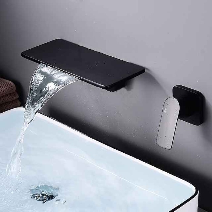 Wall Mount Bathroom Sink Mixer Faucet Brass, Waterfall Basin Taps Wall Mounted Single Handle One Hole Tap with Hot and Cold Hose Black White Electroplated